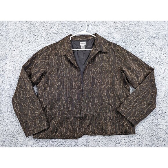 Chicos Metallic Dark Floral Blazer Size 3 / XL Open Front Embroidered Black Gold - Picture 1 of 10